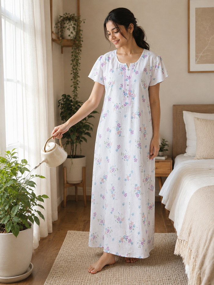 Elegant floral nighty dress for women in premium sleepwear.