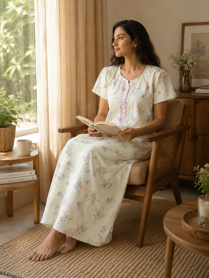 Long frock nighty in soft bamboo feel crush cotton online