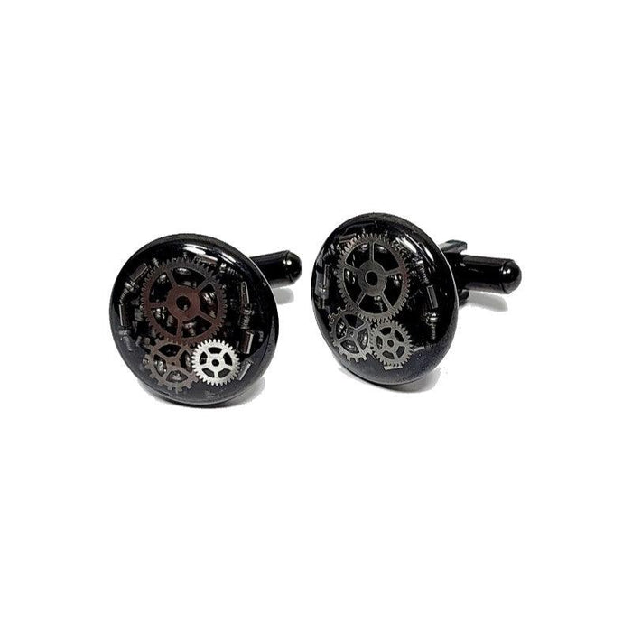 Mechanical Watch IP Plated Black Stainless Steel Cufflinks with Carbon Fiber Background and Suspended Gears