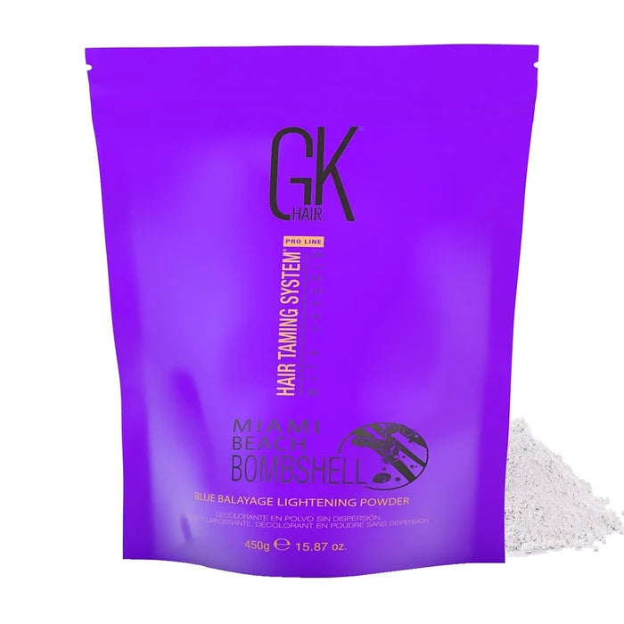 GK Hair Miami Beach Bombshell Blue Balayage Lightening Powder, 450 g purple pouch beside a mound of pale gray powder