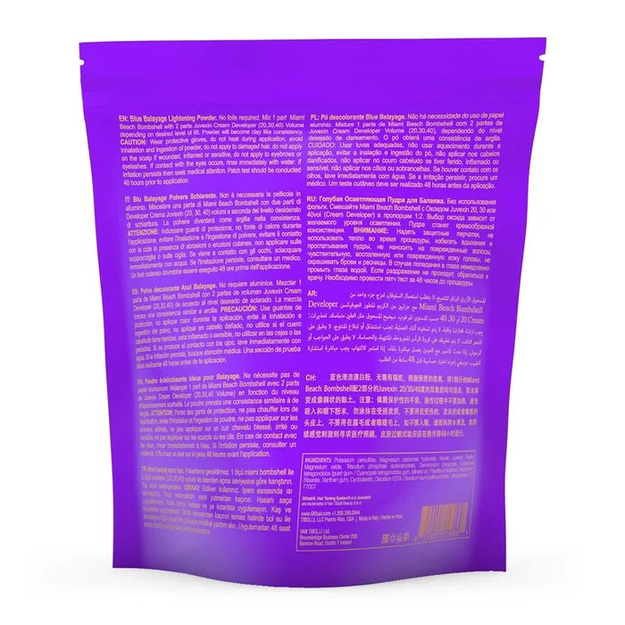 Purple Miami Beach Bombshell pouch back: multilingual mixing directions, 1 part to 2 parts Juvexin Cream Developer, plus cautions