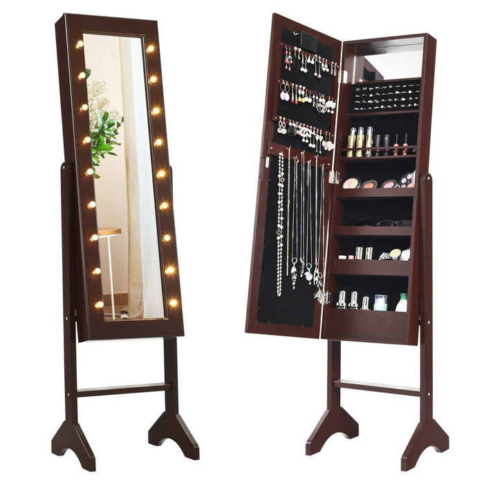 Mirrored Jewelry Cabinet Armoire Organizer w/ LED lights-Brown