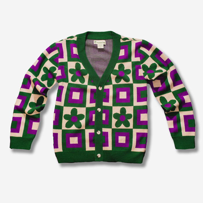 green and purple merino wool cardigan