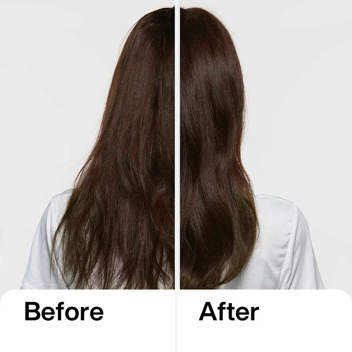 Back view labeled Before and After: dry, frizzy dark brown hair on the left, smoother and shinier hair on the right