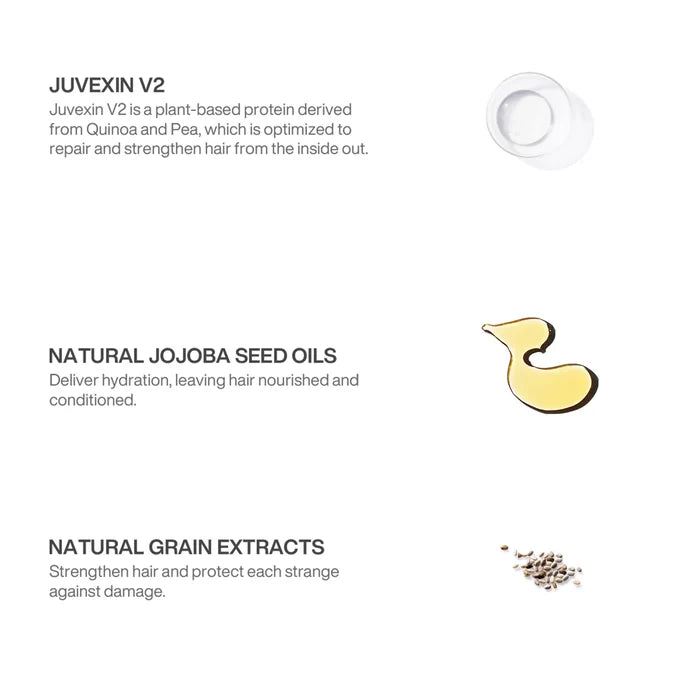Ingredient panel: Juvexin V2 plant protein from quinoa and pea, natural jojoba seed oils and natural grain extracts