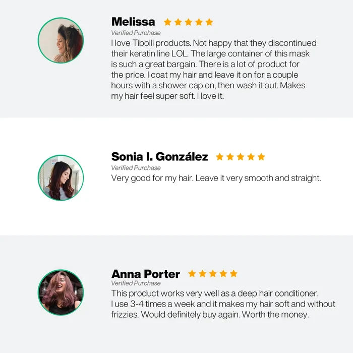 Three five-star Verified Purchase reviews praising the Tibolli Moisture Addiction masque for soft, smooth, frizz-free hair