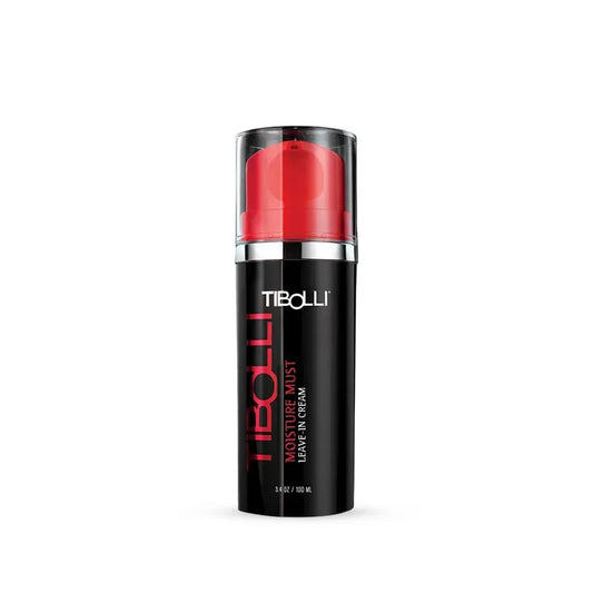 Tibolli Moisture Must Leave-In Cream 3.4 oz / 100 ml black bottle with a red pump, centered on a white background