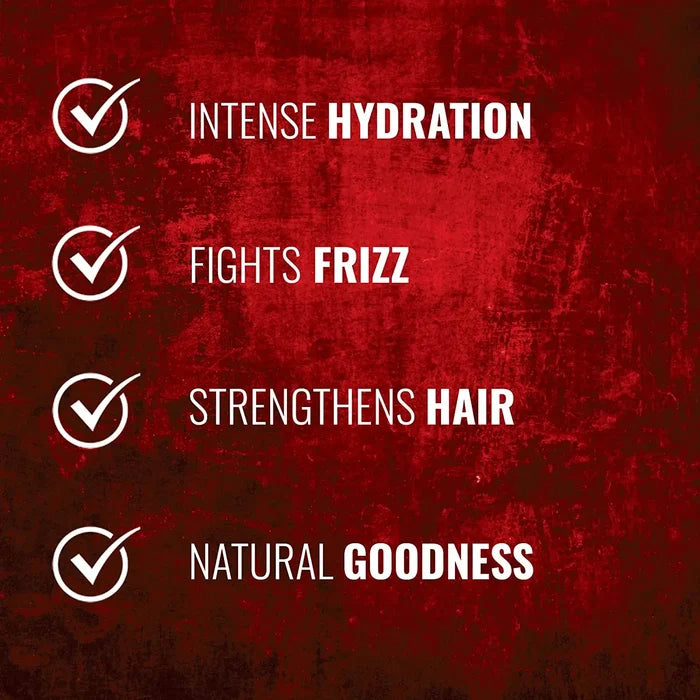 Red grunge panel with four white check marks reading Intense Hydration, Fights Frizz, Strengthens Hair and Natural Goodness