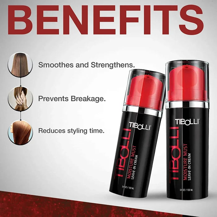 Two Tibolli Moisture Must Leave-In Cream bottles; benefits: smoothes and strengthens, prevents breakage, reduces styling time
