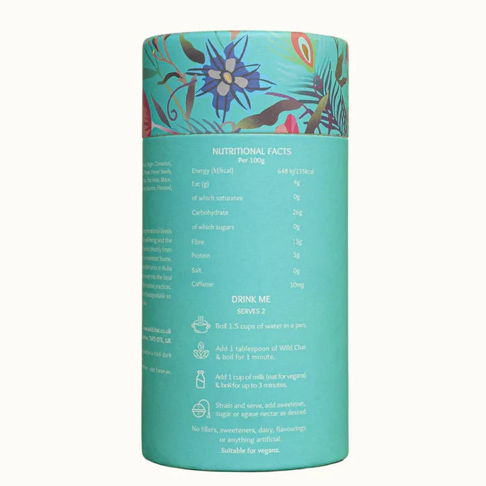Teal cylindrical container with floral design on lid and nutritional facts label on body
