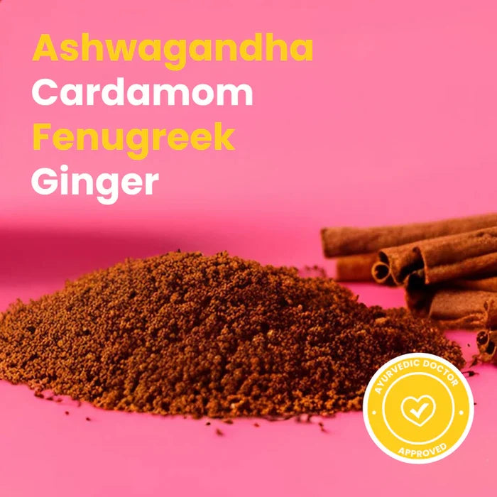 Spices including Ashwagandha, Cardamom, Fenugreek, and Ginger on a pink background with a Ayurvedic Doctor logo.