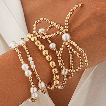 MULTI LAYER BALL CHAIN BEAD PEARL BOW BRACELET : Gold