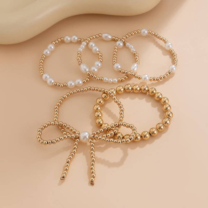 MULTI LAYER BALL CHAIN BEAD PEARL BOW BRACELET : Gold