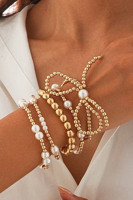 MULTI LAYER BALL CHAIN BEAD PEARL BOW BRACELET : Gold