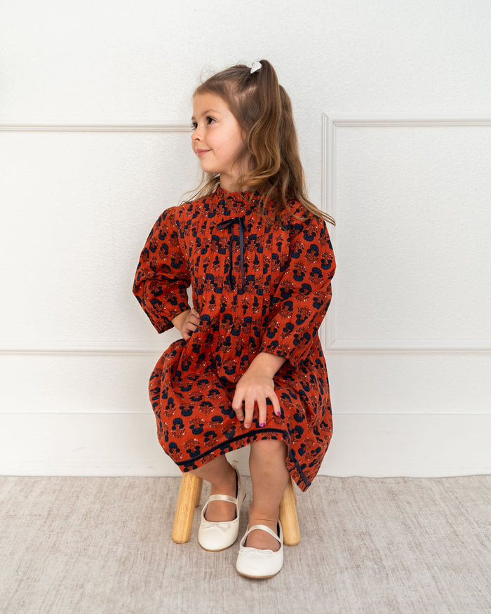 Viverano Myra Pleated Girl Dress - Terracotta (Organic Cotton) - Front