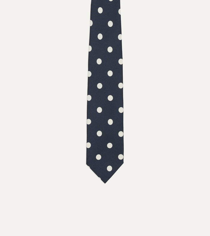Navy Large Polka Dot Silk Self-Tipped Tie