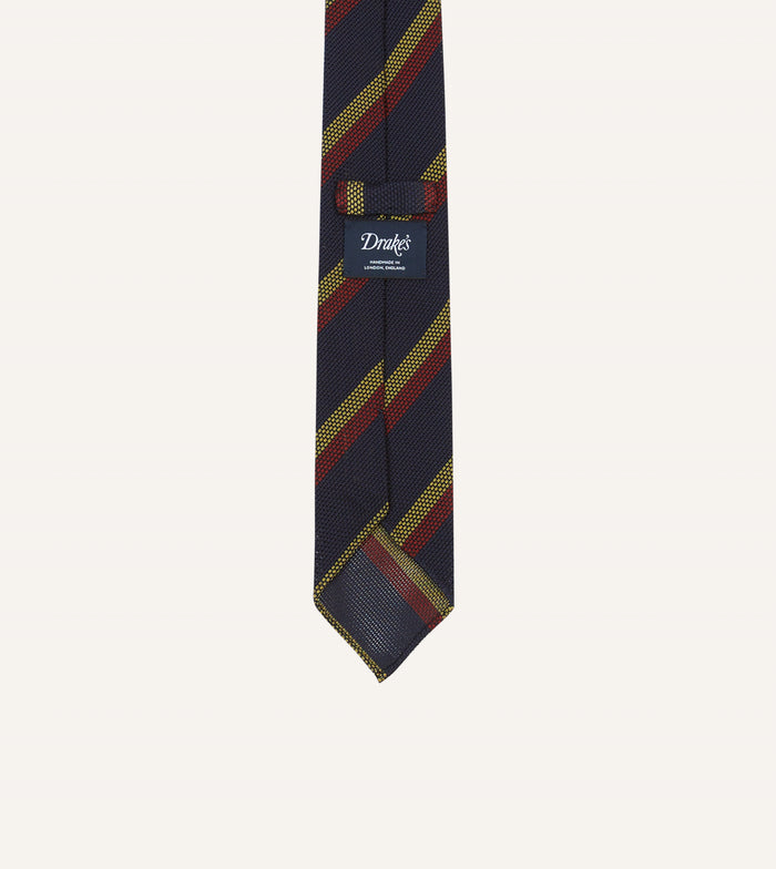 Navy, Red and Gold Double Stripe Hand Rolled Silk Grenadine Tie