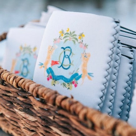 personalized colorful wedding crest can coolers