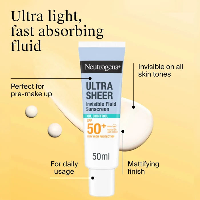 Neutrogena Ultra Sheer Invisible Fluid Sunscreen Oil Control SPF50 50ml واقي الشمس السائل غير المرئي من نيتروجينا ألترا شير للتحكم في الزيوت بعامل حماية من الشمس 50 - Princess Cosmetics Qatar