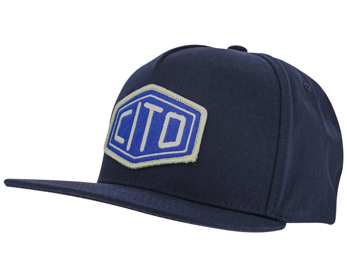 blue suavecito hat with white embroidered text and blue background "cito"