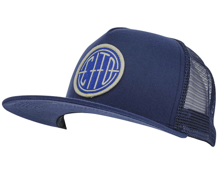 blue suavecito hat with white embroidered text and blue background "cito" in round shape
