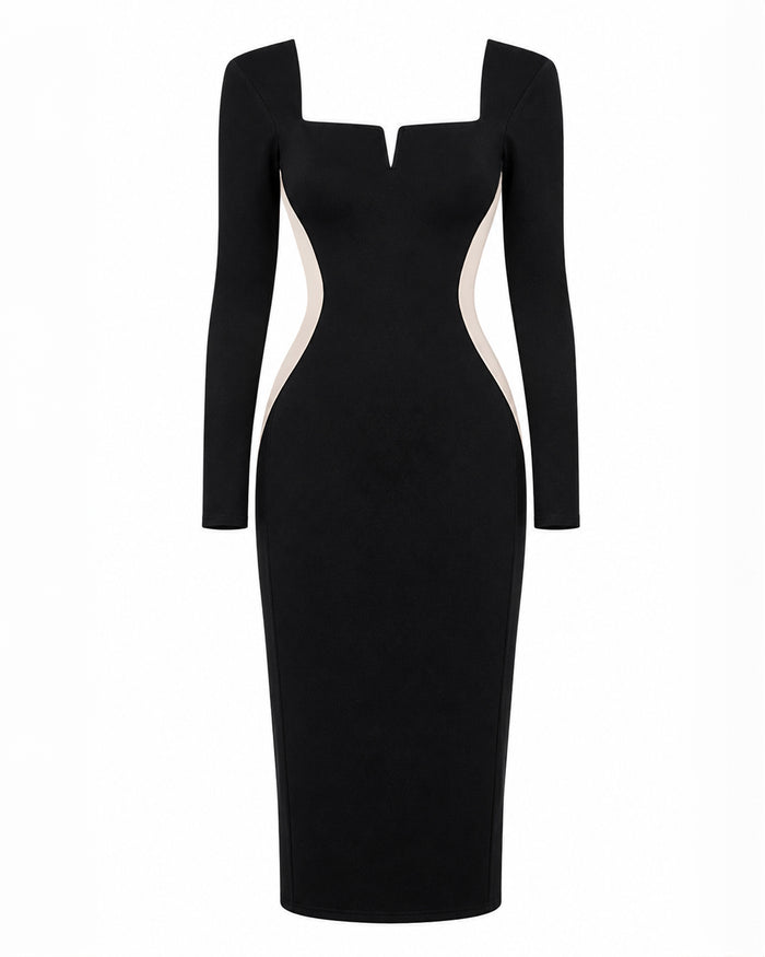 Outline image of Notchy Long Sleeve Midi Dress - Contour Black/Oat