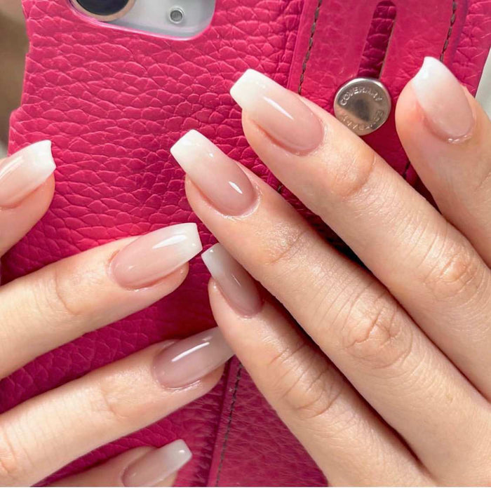 Nude Coffee Gel Nail Strips on Hand - Brown Glossy Semicured UV Nail Stickers