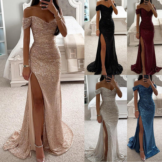 Party Sequins Off-neck Split Dress INS Casual Fashion Dress Women Charming Slimming Dress For Women