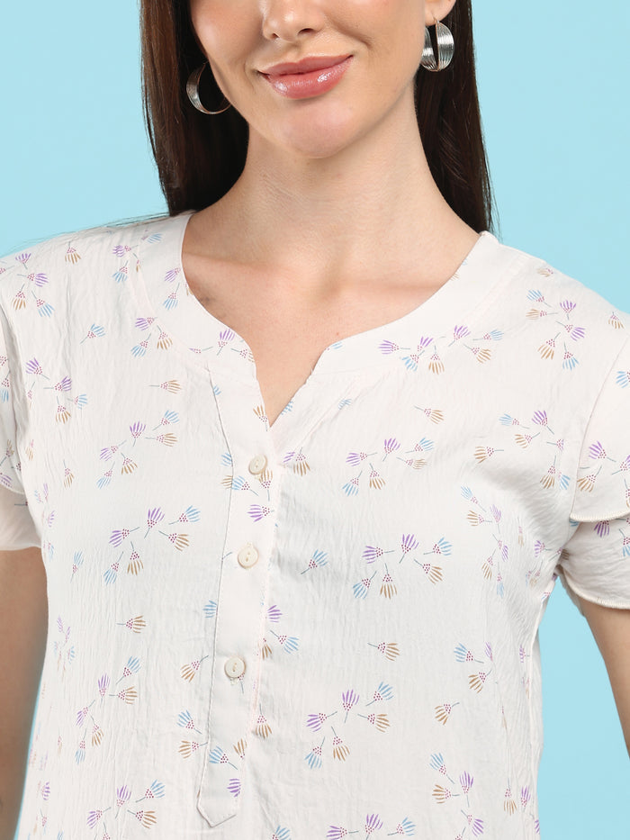 Pastel Cream Bamboo Feel Crush Cotton Floral Designer Nighty