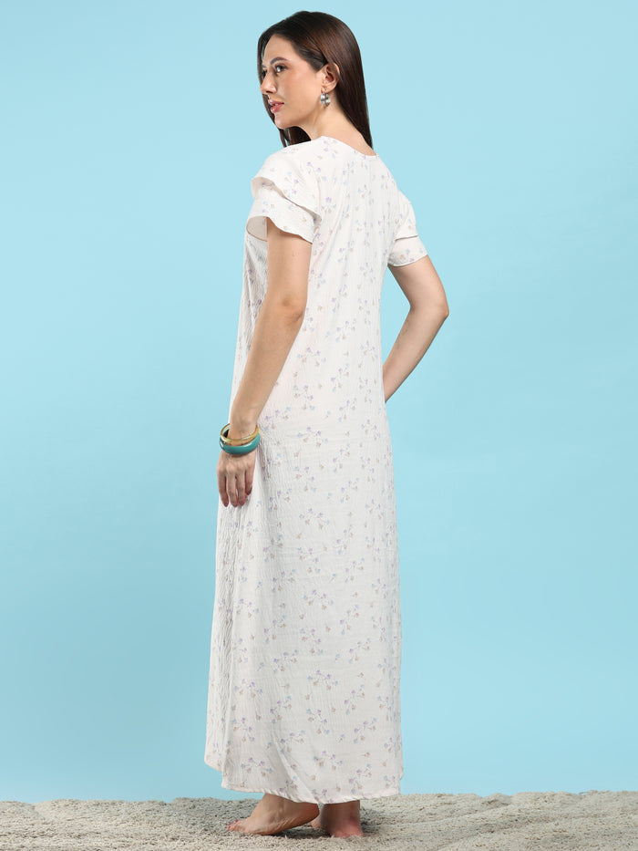 Pastel Cream Bamboo Feel Crush Cotton Floral Designer Nighty