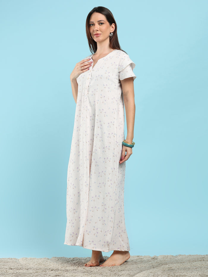 Pastel Cream Bamboo Feel Crush Cotton Floral Designer Nighty