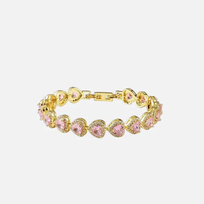 Pink Heart Crystal Bracelet - Gold