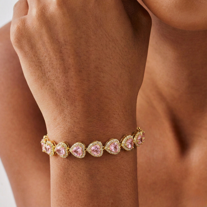 Pink Heart Crystal Bracelet - Gold