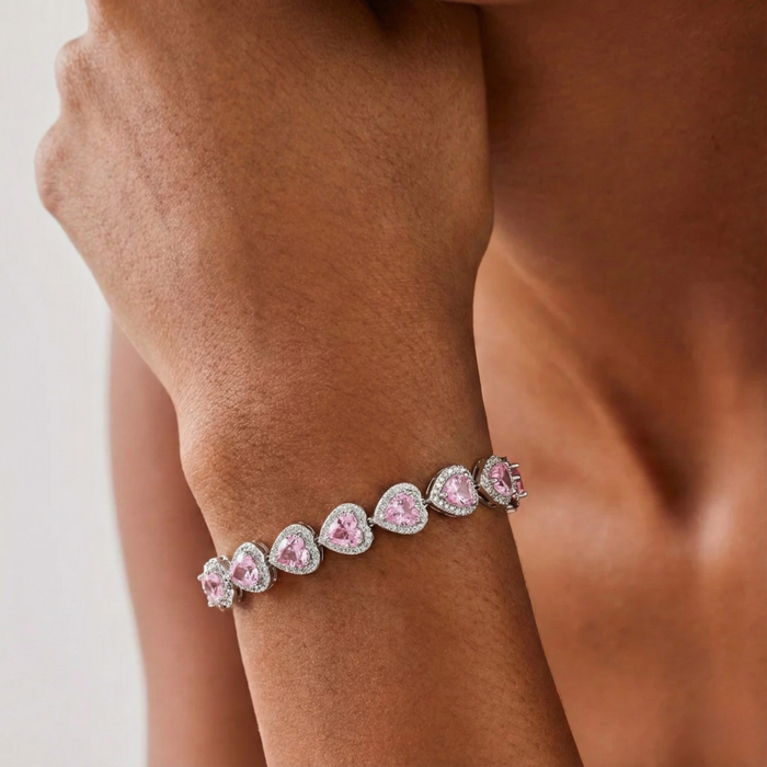Pink Heart Crystal Bracelet - Silver