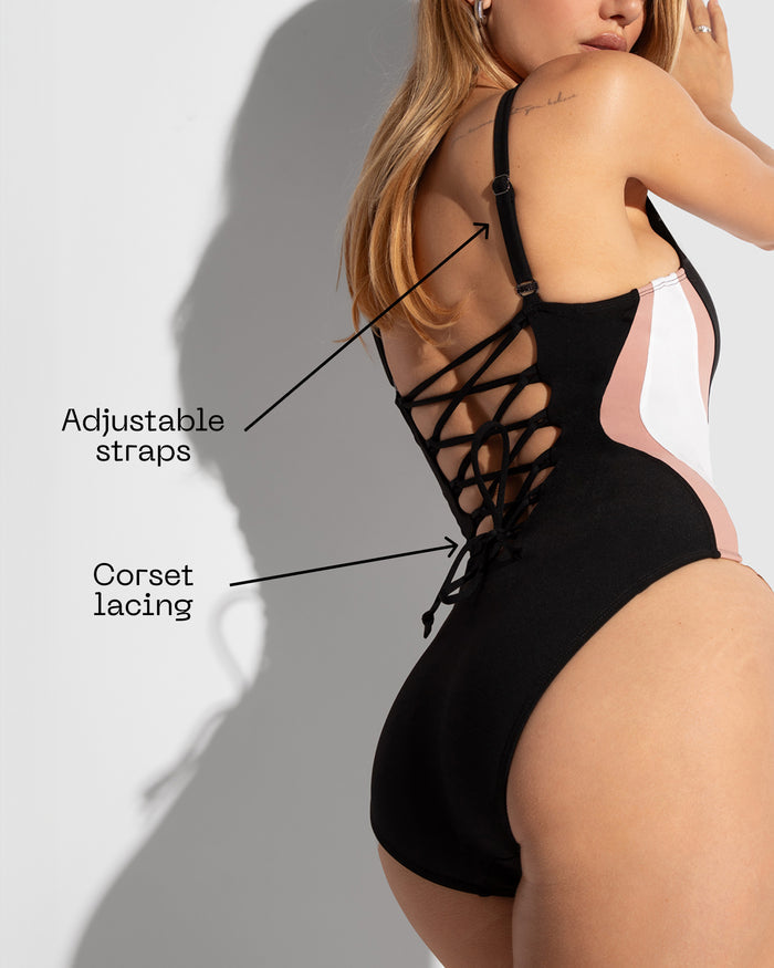 Detail graphics of Plungey Triangle - Contour Black/Rose/White highlighting back corset lacing