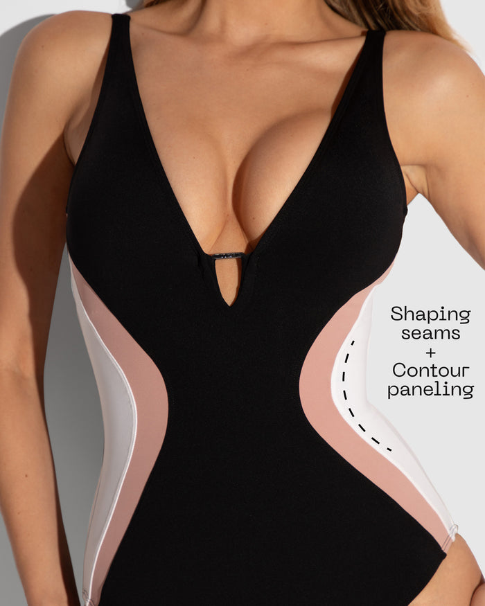 Details graphic of Plungey Triangle - Contour Black/Rose/White highlighting shaping seams
