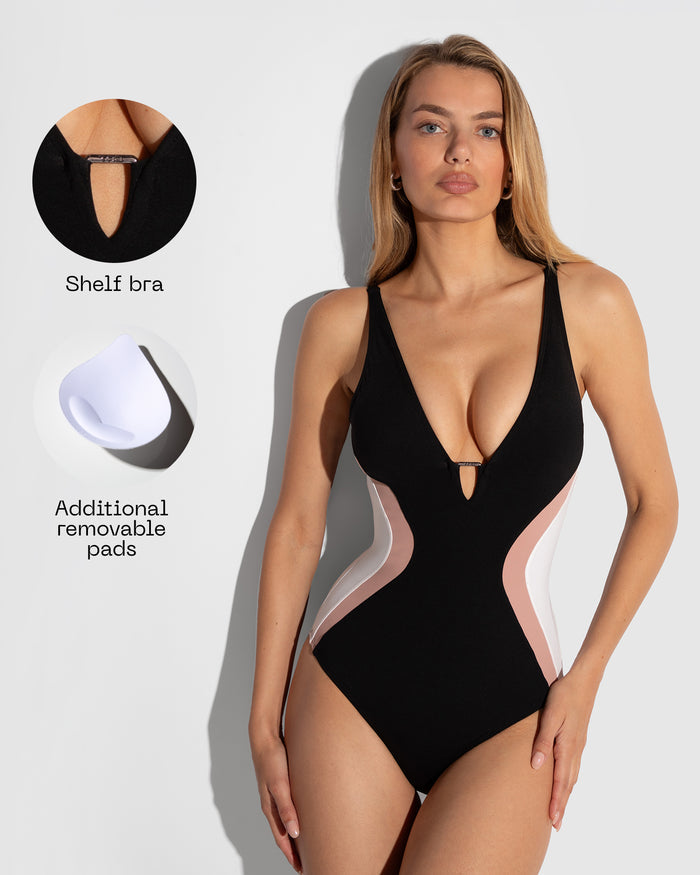 Details graphic of Plungey Triangle - Contour Black/Rose/White highlighting removable pads