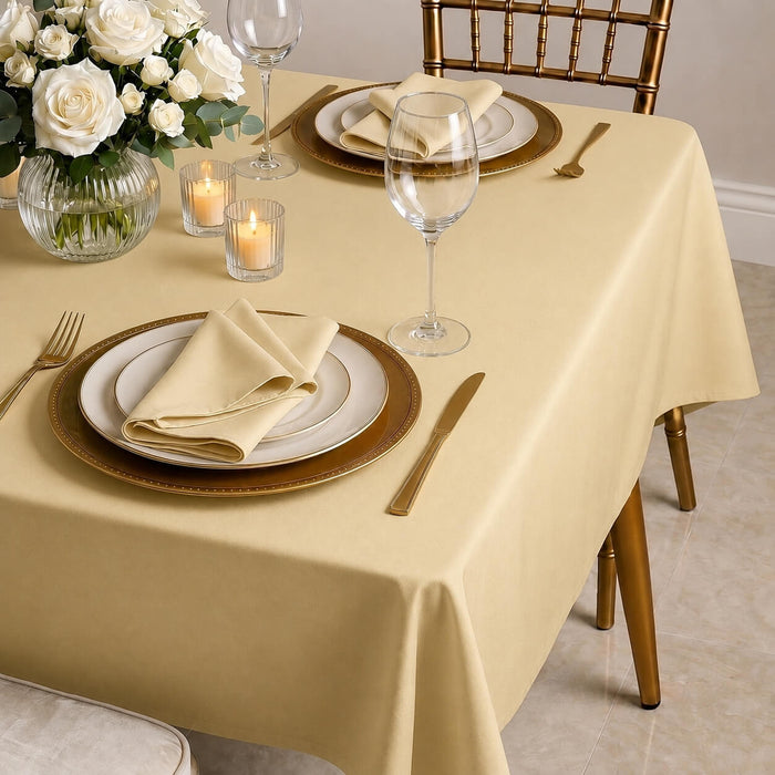 Beige polyester rectangle tablecloth on a dining table setting.