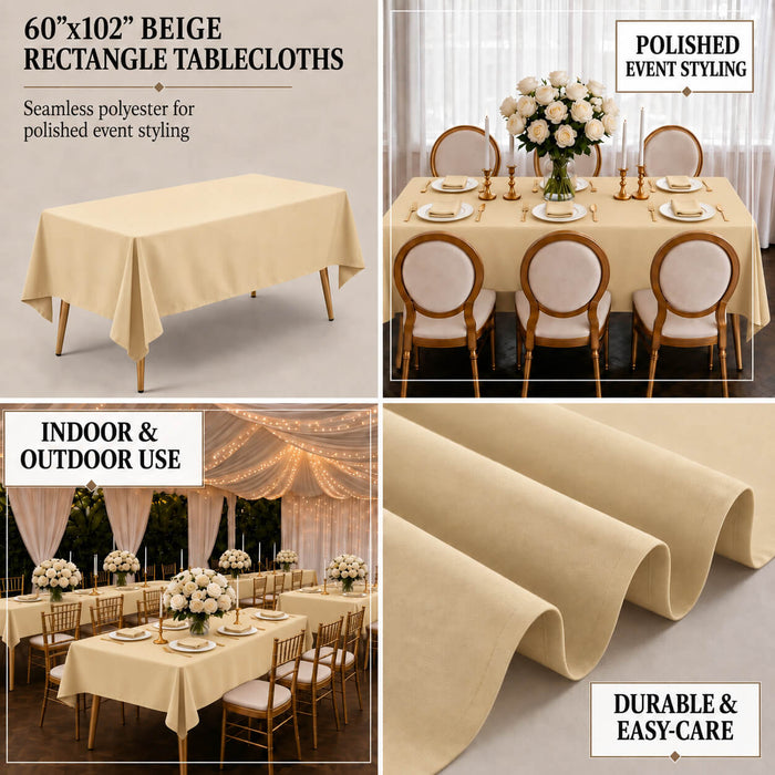 Beige wrinkle-resistant polyester rectangle tablecloth 60"x102".