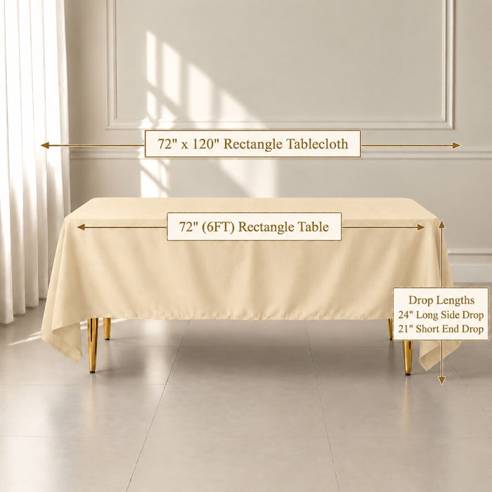 A beige rectangular tablecloth draped over a table in a bright room, with overlaid dimension labels showing a 72 x 120 inch rectangle and drop length measurements.