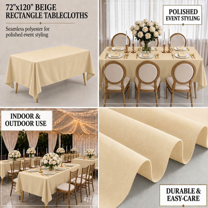 A 72x120 beige rectangular tablecloth shown in a four-panel collage. The panels include a clean studio shot of the tablecloth draped over a table, an event-styled dining setup with chairs and floral centerpieces, an indoor event scene with draped tablecloths, and a close-up of the fabric folds.