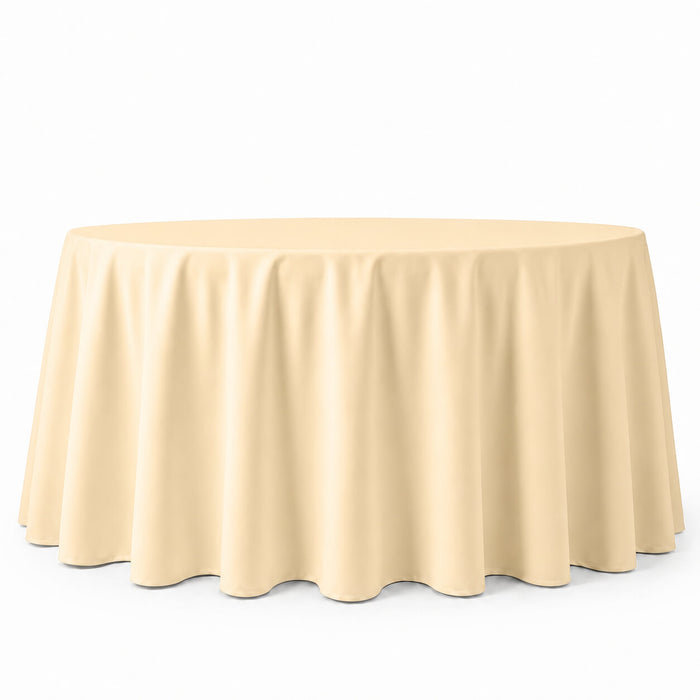 Beige polyester round tablecloth, durable and seamless design.