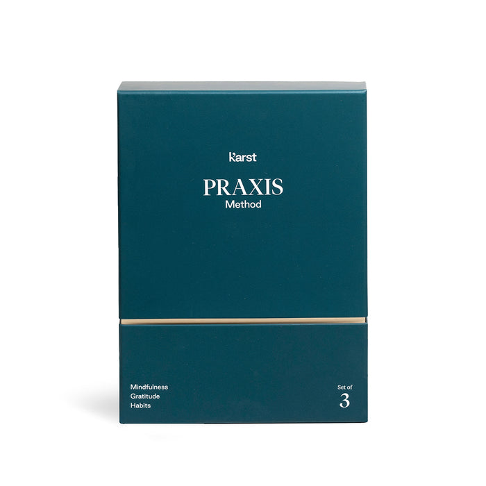 Karst Praxis Method mindfulness journal set of 3 with teal premium box packaging, guided journals for mindfulness, gratitude, and habit building designed to support daily reflection and personal growth.