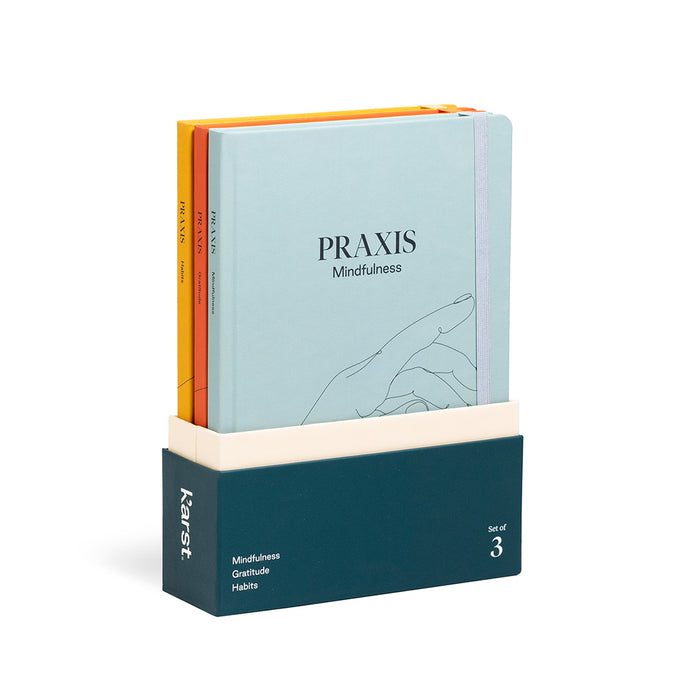 Karst Praxis Method journal set of 3 featuring Mindfulness, Gratitude, and Habits guided journals in premium box, mindfulness notebooks designed for daily reflection, personal growth, and habit building.