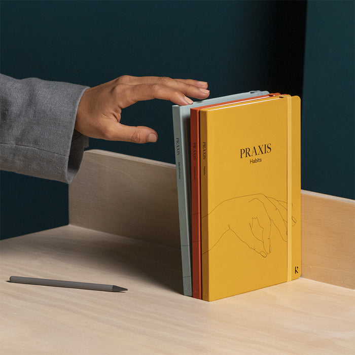 Karst Praxis Method guided journals for Mindfulness, Gratitude, and Habits placed on a desk with graphite pencil, productivity and self-improvement notebooks designed for reflection, habit tracking, and personal growth.