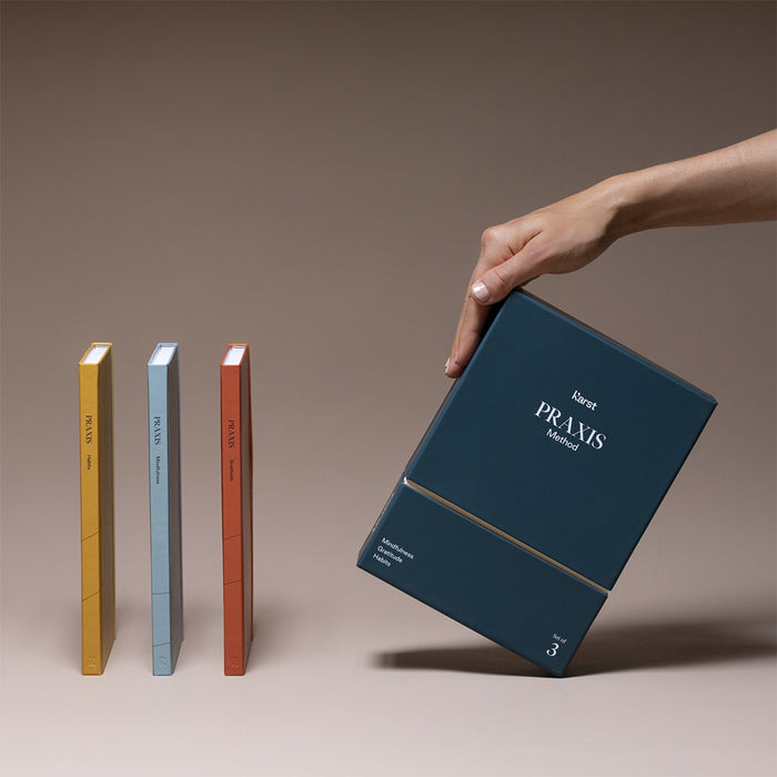 Karst Praxis Method guided journal set with Mindfulness, Gratitude, and Habits notebooks alongside premium storage box, self-improvement journals designed for reflection, habit tracking, and personal growth.