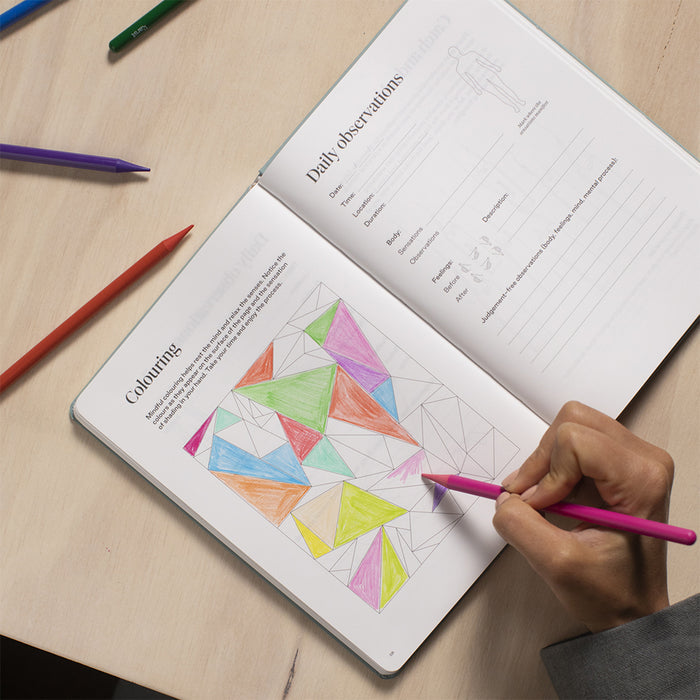 Person using colored pencils to complete mindfulness coloring exercise inside Karst Praxis Method journal, guided reflection and creativity activity designed for stress relief, focus, and personal growth.