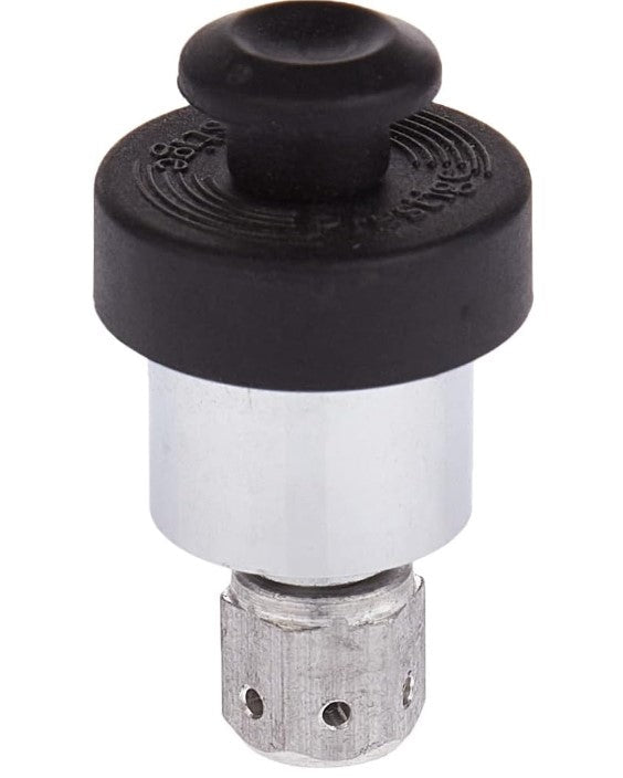 A Prestige brand pressure regulator assembly with a silver body and a black button, likely for use with pressure cookers.