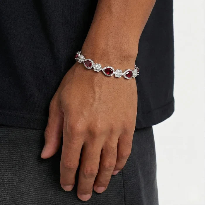 Red Blossom Drop Bracelet - Silver