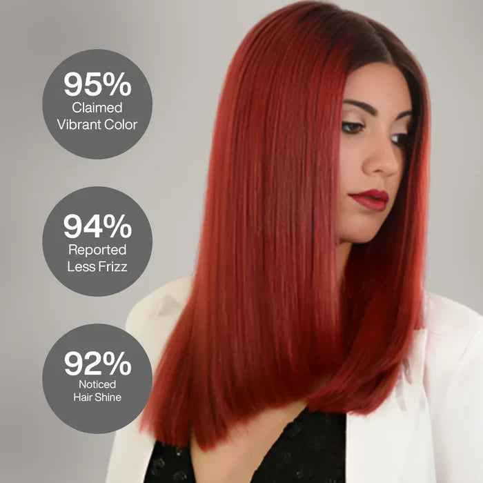 Red-haired model with Red Red Bombshell Masque claims: 95% claimed vibrant color, 94% reported less frizz, 92% noticed hair shine